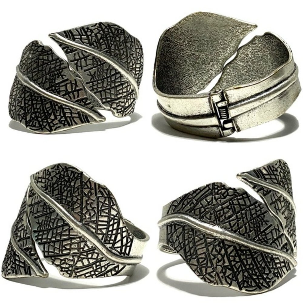 Black Venation Double Leaf Silver Hinged Bangle - image 5
